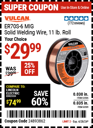 Harbor Freight Coupons, HF Coupons, 20% off - 0.035 in. ER70S-6 MIG Solid Welding Wire, 11.00 lb. Roll