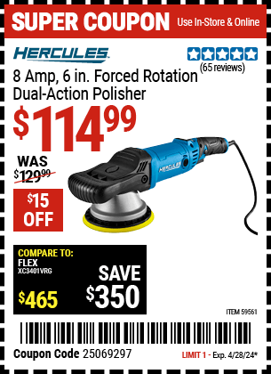 Harbor Freight Coupons, HF Coupons, 20% off - HERCULES 8 Amp 6 in. Forced Rotation Dual Action Polisher for $99.99