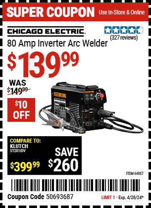 Harbor Freight Coupons, HF Coupons, 20% off - 80 Amp Inverter Arc Welder
