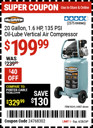 Harbor Freight Coupons, HF Coupons, 20% off - 20 Gallon 1.6 How 135 Psi Oil Lube Vertical Air Compressor