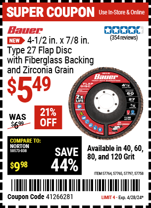 Harbor Freight Coupons, HF Coupons, 20% off - BAUER 4-1/2 in. Zirconia Type 27 Flap Disc for $4.99