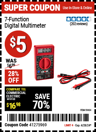 Harbor Freight Coupons, HF Coupons, 20% off - 7-Function Digital Multimeter for $4.92