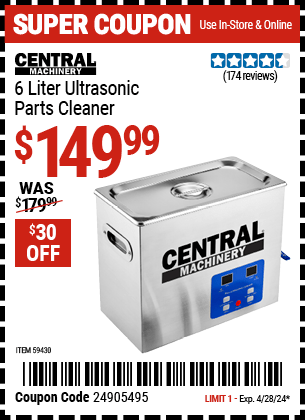 Harbor Freight Coupons, HF Coupons, 20% off - CENTRAL MACHINERY 6 Liter Ultrasonic Parts Cleaner 
