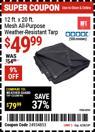 Harbor Freight Coupons, HF Coupons, 20% off - 12 ft. x 20 ft. Mesh All Purpose/Weather Resistant Tarp