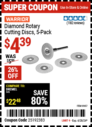 Harbor Freight Coupons, HF Coupons, 20% off - 5 Piece Diamond Coated Rotary Cutting Discs