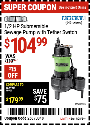 Harbor Freight Coupons, HF Coupons, 20% off - 1/2 HP Submersible Sewage Pump with Tether Switch