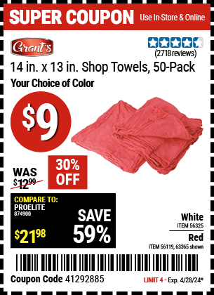 Harbor Freight Coupons, HF Coupons, 20% off - 14 in. x 13 in. White Shop Towels, 50 Pk.