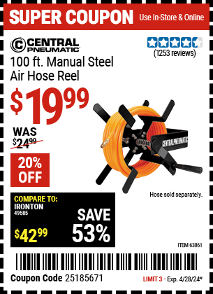 Harbor Freight Coupons, HF Coupons, 20% off - 100 Ft. Manual Steel Air Hose Reel
