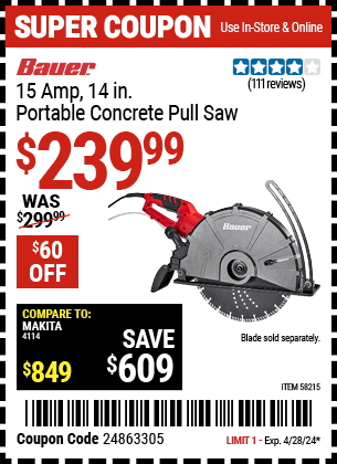 Harbor Freight Coupons, HF Coupons, 20% off - BAUER 15 Amp, 14 in. Portable Concrete Pull Saw for $229.99