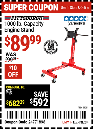Harbor Freight Coupons, HF Coupons, 20% off - PITTSBURGH 1000 lb. Capacity Engine Stand 