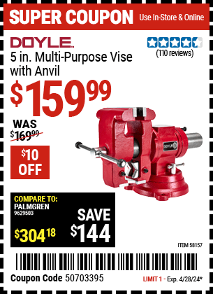 Harbor Freight Coupons, HF Coupons, 20% off - DOYLE 5 in. Multi-Purpose Vise with Anvil for $149.99
