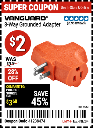 Harbor Freight Coupons, HF Coupons, 20% off - 3-way Grounded Adapter