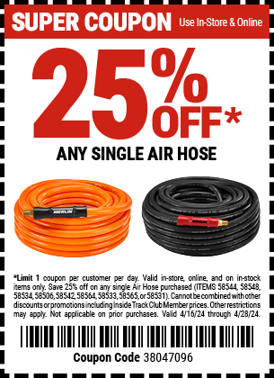 Harbor Freight Coupons, HF Coupons, 20% off - MERLIN 3/8 in. x 25 ft. Rubber Air Hose for $11.99