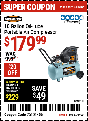Harbor Freight Coupons, HF Coupons, 20% off - 10 Gallon Oil-Lube Portable Air Compressor
