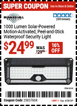 Harbor Freight Coupons, HF Coupons, 20% off - BUNKER HILL SECURITY 1000 Lumen Wall Mount Peel-And-Stick Security Light 