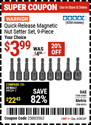 Harbor Freight Coupons, HF Coupons, 20% off - 9 Piece Quick Change Magnetic Nutsetter Sets