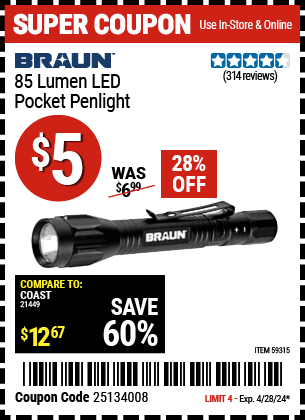Harbor Freight Coupons, HF Coupons, 20% off - RAUN 85 Lumen LED Pocket Pen Light for $4.99