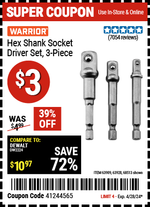 Harbor Freight Coupons, HF Coupons, 20% off - 3 Piece Hex Drill Socket Driver Set