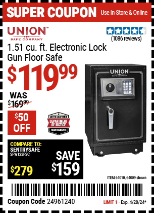Harbor Freight Coupons, HF Coupons, 20% off - UNION SAFE COMPANY 1.51 cu. ft. Electronic Lock Gun Floor Safe for $94.99