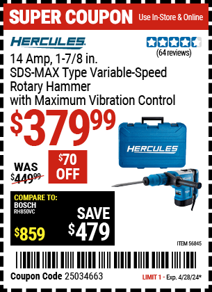 Harbor Freight Coupons, HF Coupons, 20% off - HERCULES 14 Amp 1-7/8 in. SDS Max-Type Variable Speed Rotary Hammer for $349.99