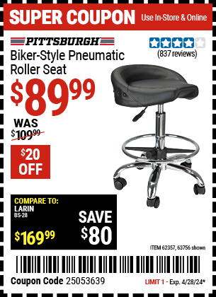 Harbor Freight Coupons, HF Coupons, 20% off - Biker-style Pneumatic Roller Seat