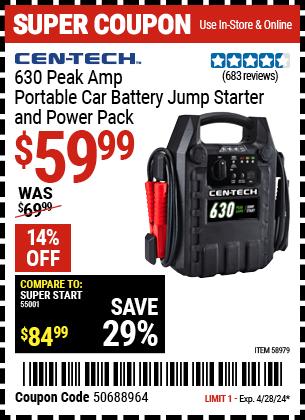 Harbor Freight Coupons, HF Coupons, 20% off - 630 Peak Amp Portable Jump Starter and Power Pack