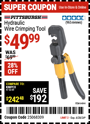 Harbor Freight Coupons, HF Coupons, 20% off - Hydraulic Wire Crimping Tool