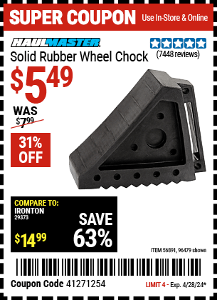 Harbor Freight Coupons, HF Coupons, 20% off - HAUL-MASTER Solid Rubber Wheel Chock for $4.99