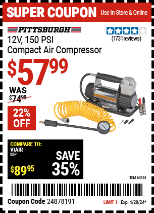 Harbor Freight Coupons, HF Coupons, 20% off - 12v 150 PSI Compact Air Compressor