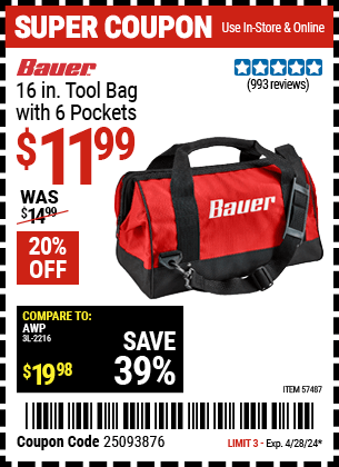 Harbor Freight Coupons, HF Coupons, 20% off - 16 In. Tool Bag With 6 Pockets