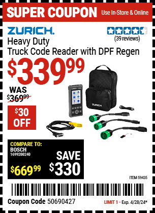 Harbor Freight Coupons, HF Coupons, 20% off - ZURICH Heavy Duty Truck Code Reader with DPF Regen for $284.99
