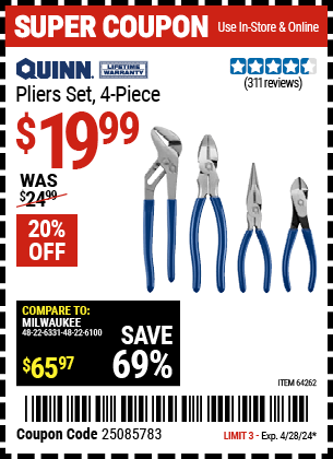 Harbor Freight Coupons, HF Coupons, 20% off - Quinn 4 Piece Pliers Set