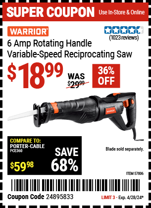 Harbor Freight Coupons, HF Coupons, 20% off - WARRIOR 6 Amp Rotating Handle Variable Speed Reciprocating Saw 
