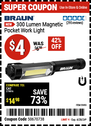 Harbor Freight Coupons, HF Coupons, 20% off - BRAUN 300 Lumen Magnetic Pocket Work Light for $4.99