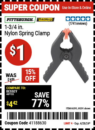 Harbor Freight Coupons, HF Coupons, 20% off - PITTSBURGH 1-3/4 in. Nylon Spring Clamp for $0.79
