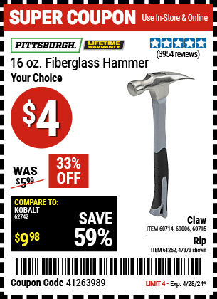 Harbor Freight Coupons, HF Coupons, 20% off - 16 Oz. Hammers With Fiberglass Handle
