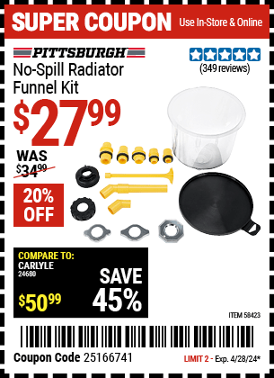 Harbor Freight Coupons, HF Coupons, 20% off - PITTSBURGH No-Spill Radiator Funnel Kit for $24.99