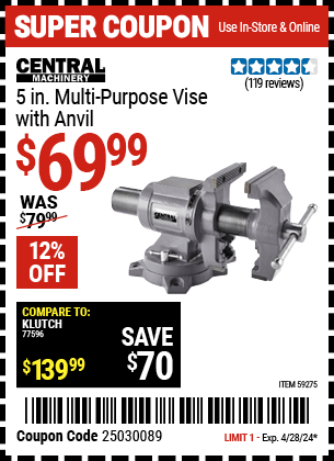 Harbor Freight Coupons, HF Coupons, 20% off - CENTRAL MACHINERY 5 in. Multi-Purpose Vise with Anvil for $64.99