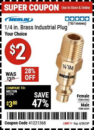 Harbor Freight Coupons, HF Coupons, 20% off - MERLIN 1/4 in. Brass Industrial Plug for $1.94