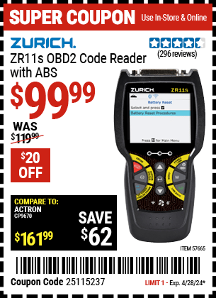 Harbor Freight Coupons, HF Coupons, 20% off - ZURICH ZR11S OBD2 Code Reader with ABS 