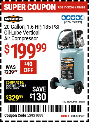 Harbor Freight Coupons, HF Coupons, 20% off - Mcgraw 20 Gallon, 135 Psi Oil-lube Air Compressor
