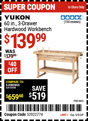 Harbor Freight Coupons, HF Coupons, 20% off - YUKON 60 in. 3-Drawer Hardwood Workbench for $139.99