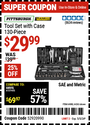 Harbor Freight Coupons, HF Coupons, 20% off - 130 Piece Tool Kit With Case