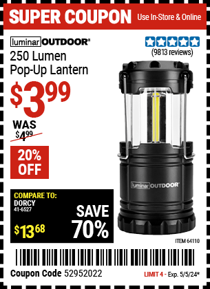 Harbor Freight Coupons, HF Coupons, 20% off - 250 Lumens Pop-up Lantern