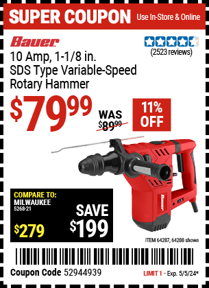 Harbor Freight Coupons, HF Coupons, 20% off - BAUER 1-1/8 in. SDS Variable Speed Pro Rotary Hammer Kit for $69.99