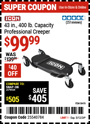 Harbor Freight Coupons, HF Coupons, 20% off - ICON 43 in. Professional Creeper for $109.99