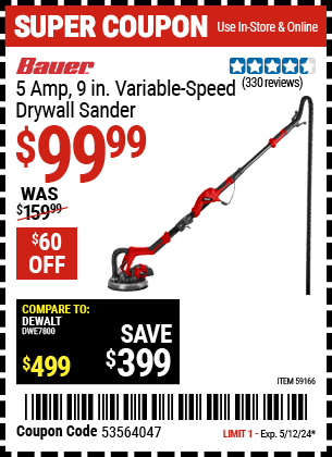 Harbor Freight Coupons, HF Coupons, 20% off - BAUER 5 Amp 9 in. Variable Speed Drywall Sander 