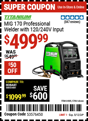 Harbor Freight Coupons, HF Coupons, 20% off - TITANIUM MIG 170 Professional Welder with 120/240 Volt Input 