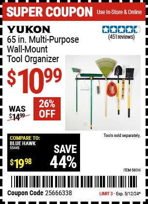 Harbor Freight Coupons, HF Coupons, 20% off - YUKON 65 in. Multi-Purpose Wall Mount Tool Organizer for $9.99