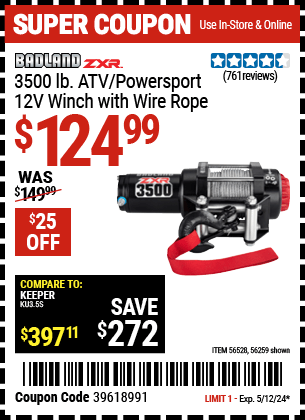 Harbor Freight Coupons, HF Coupons, 20% off - BADLAND ZXR 2500 LB. ATV/Utility Electric Winch with Wireless Remote Control
